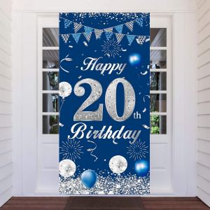 Checarzhn--No1-Bannière D'anniversaire 20e Anniversaire Bleu Argent, 20 Ans Décoration De Porte D'anniversaire Fond Pour Garçon Fille, Grand Tissu 20 Ans Décoration De Fête D'anniversaire Bannière De - Neuf