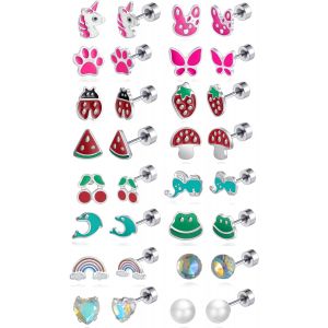 Kalhx-16 Paires De Boucles D'oreilles En Argent Pour Femmes Hypoallerg&eacute;niques Fraise Papillon Lapin Licorne Perle Coeur Zircone Enfants Ensemble De Boucles D'oreilles Pour Filles - Neuf