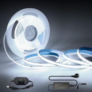 Ruban Led Cob 24v 5m Bande Led Cob Bande Lumineuse Blanc Froid 6000k Dimmable Haute Densité 320 Leds/M Avec Adaptateur Et Variateur Ip20 Pour Chambre Cuisine Décoration D'intérieur Maison - Neuf