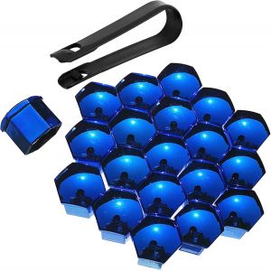 Lot de 20 cache-écrous de roue en ABS galvanisé, universels, 17 mm/19 mm/21 mm, capuchons hexagonaux de protection, avec outil de démontage (bleu, 21 mm) - Neuf