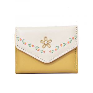 Portefeuille à imprimé floral pour filles (jaune), petit portefeuille esthétique à trois volets, portefeuille en cuir PU pour femmes, porte-cartes avec fenêtre d'identification - Neuf