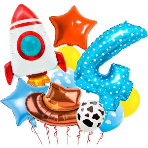 ChicSlick-11 Pièces Anniversaire 4 Ans Garcon Ballon Bleu Chiffres 4 Aluminium Ballons Cowboy, Vache Laitière Nuage, Fusée, Étoiles Ballon Pour Décoration Anniversaire Enfants[X638] - Neuf