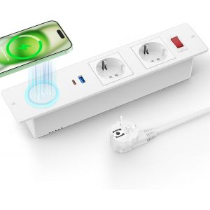 Prise Encastrable Plan De Travail Usb C Pd 20W, Bloc Prise Encastrable Avec Interrupteur Sans Fil 15W, 2 Prise Encastrable De Table Avec Câble 1.8M, Prise De Table, Multiprise Pour Meuble, Blanc - Neuf