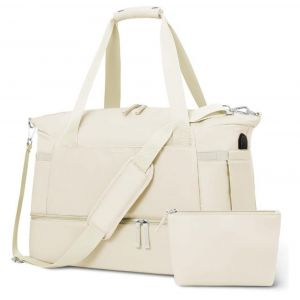 Sac de voyage pour femme, sac de week-end avec compartiment humide et compartiment à chaussures, idéal pour les voyages, la salle de sport et le yoga, beige-M - Neuf
