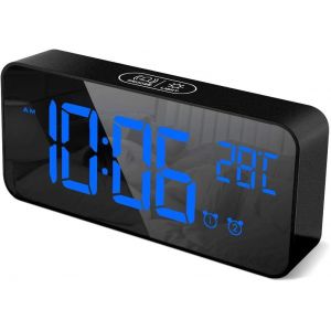 R&eacute;veil Num&eacute;rique avec Grand Affichage de la Temp&eacute;rature LED, Alarme de Miroir Portable avec Double Alarme Roupillon Temps Gradateur de Luminosit&eacute; R&eacute;glable sur 4 Niveaux (Noir-1) - Neuf
