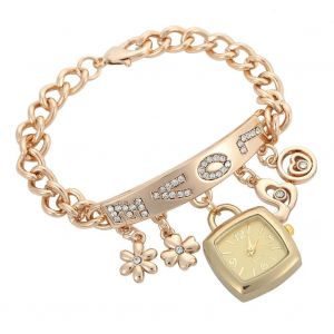 Femmes Fille Quartz Pendentif Strass Fleur Coeur Lettre Alliage Bracelet Montre (Or) - Neuf