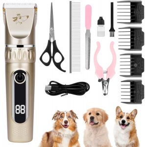 Tondeuse Chien Professionnelle, Lames En C&eacute;ramique, Ecran Lcd, 5 Vitesses, Lavable, Faible Bruit, Kit Toilettage Chien - Neuf