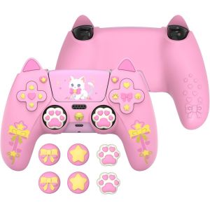 Lkljij-Playvital Coque Manette Pour Ps5 Compatible Avec Station De Charge Avec 6 Capuchons Joystick & Autocollants,Houss De Protection Silicone Antidérapant-Rose,Design Sweetheart Kitty - Neuf