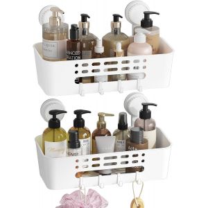 Panier de Douche à Ventouses Murale, 31,4 cm Etagere Douche sans Percage, Rangement Salle de Bain Amovible en Plastique pour les Gel Shampooing, Gel Nettoyant pour le Visage, Blanc, 2 Paquets - Neuf