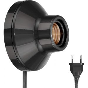 Applique/Douille De Lampe Elektra,Fiche,Interrupteur,Porcelaine,Noir Brillant,Rond,1x E27 Max. 300w - Neuf