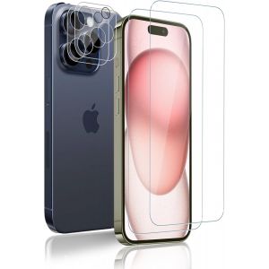 Kal-Lot De 2 Films De Protection D'écran En Verre Blindé Pour Iphone 15 Pro Et 2 Films De Protection Pour Appareil Photo, Anti-Traces De Doigts 9h, Anti-Rayures, Pour Apple Iphone 15 Pro, Hd Sans - Neuf
