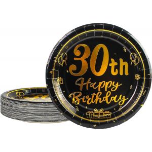Kalanka-50 Pcs Assiette Jetable Decoration Anniversaire 30 Ans 7 Pouces Noir Or Papier Kit Dessert Vaisselle Jetable Femmes Hommes - Neuf