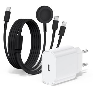 Chargeur Pour Apple Watch, Chargeur Rapide Magn&eacute;tique 20w Pour Apple Iwatch, C&acirc;ble 3 En 1 Multi-Charge (2m) Compatible Avec Les S&eacute;ries De Montres Ultra 2/Se/10/9/8/7/6/5,Iphone 16/15/14 - Neuf