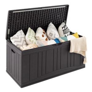 Costway Coffre De Rangement Ext&eacute;rieur 300 L En Hdpe Malle De Jardin Avec V&eacute;rins & Couvercle Verrouillable Marron - Neuf