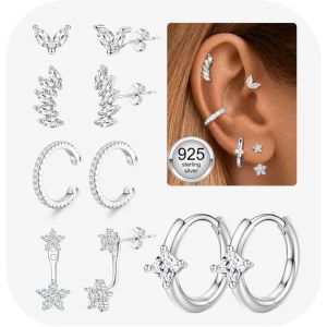 5 Paires Boucles D'oreilles Femme Argent 925 Plaquée Or 14k Créoles Argent Boucles D'oreilles Zircon Piercing Oreille Cartilage Boucles D'oreilles Femme Or Pour Piercings Multiples.[X869] - Neuf