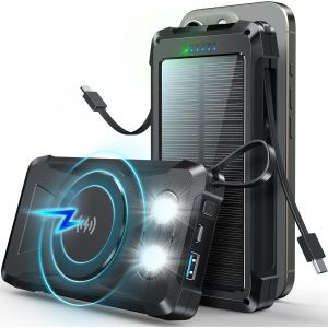 Batterie Externe Solaire Magnetique 20000mah,10w Chargement Sans Fil Avce 2 Câble Intégrée,Pd 22.5w Usb C Charge Rapide Power Bank,Lampe De Poche,Voyant Led,Pour Smartphone - Neuf