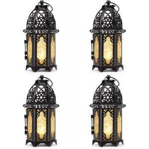 Lot De 4 Lanternes À Bougie En Métal Avec Verre Transparent Marocain À Suspendre, 7 X 16 Cm, Noir - Neuf