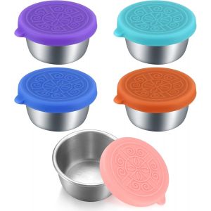 Checarzhn--No1-5 Pièces Récipient À Vinaigrette, 50ml Petit Récipient À Sauce En Acier Inoxydable Avec Couvercles En Silicone, Boîte À Alimentaire Dressing Réutilisables, Pour Pique-Niquer, Transport - Neuf
