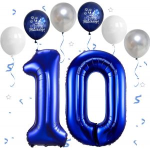 Ballon Anniversaire 10 Ans Bleu Foncé,101 CM Bleu Argent Blanc Latex Ballon Chiffre 10,Décoration Ballons 10 Ans Anniversaire,Foil Helium Ballons Numéro 10 Pour Décoration De Fête - Neuf
