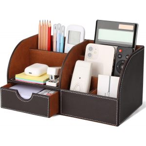 Organisateur de Bureau,Rangement de Bureau en Cuir Pot à Crayons Porte-Stylo Peu Encombrant,7 Compartiments de Stylos,Agrafeuses,Dossiers,Notes Autocollantes,Téléphones(Marron) - Neuf