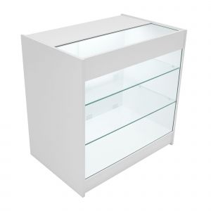 Comptoir De Vente En Mdf Blanc Led Blancs Intégrés K900 3 Étagères Portes Coulissantes Verouillables Rangement Commerciale Vitrine En Verre Acceuil Réception Bureau Vêtements Bijoux [2 Clés Inclus] - Neuf