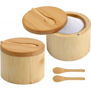 Lot De 2 Boîtes À Sel Rondes En Bambou Avec Couvercle Et Cuillère,Boîte De Rangement Pour Épices,Poivre Et Épices,Boîte À Sel Pour La Cuisine - Neuf