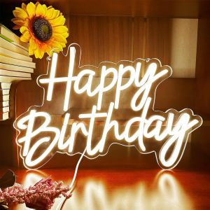 D&eacute;coration Murale N&eacute;on &Agrave; Led Happy Birthday Pour F&ecirc;te D'anniversaire, Chambre &Agrave; Coucher Bar Caf&eacute; D&eacute;coration D'int&eacute;rieur Intensit&eacute; Variable R&eacute;utilisable (B-Blanc Chaud) - Neuf