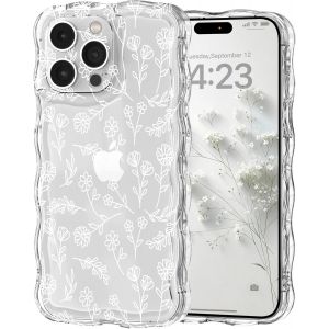 Kal-Coque Pour Iphone 15 Pro Max Clair Transparent Avec Cadre Ondulé Bouclé, Housse Etui Motif De Fleur Florale Mignon Pour Femme Fille,Bumper Case Protection Antichoc En Silicone Souple,Blanc - Neuf