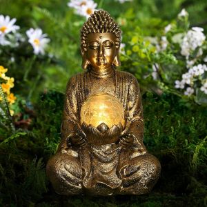 Mevronisshop-Meditation Statue De Bouddha Decoration Jardin Exterieur -Jardin Zen Figurine De Boudha Idee Cadeau Femme Maman,Lampe Globe Solaire Avec D&eacute;coration En Verre Pour Balcon,Patio,Porche L'or - Neuf