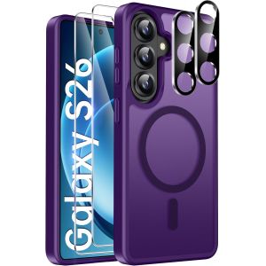 ELVORIX-Magn&eacute;tique Coque pour Samsung Galaxy S26 5G avec 2 Verres Tremp&eacute;s et 2 Cam&eacute;ra Protecteur, Compatible MagSafe Dos Anti Rayures &Eacute;tui Antichoc TPU Bumper Coque Samsung S26 6,3"" -Violet fonc&eacute; - Neuf