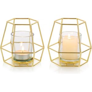KALANKA-Nuptio Bougeoirs Géométriques Dorés - 2 Pièces Bougeoirs pour Bougies Piliers avec Bougeoirs Votifs Verre Bougies Chauffe-Plat Ensemble Centre de Table pour Décoration Maison Cheminée Mariage - Neuf
