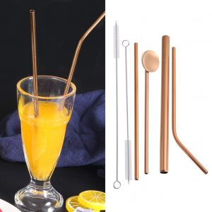 Hjlian Lot De 7 Pailles Reutilisables En Metal, Cuilleres, Pailles Droites Et Courbees, Brosse De Nettoyage, Rose Dore - Neuf