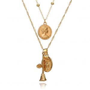 Collier Double Couche En Alliage Avec Pendentif En Forme De Rose - Neuf