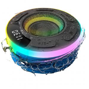 Haut-Parleur Bluetooth, IP7 Imperméable à l'eau de Douche haut-Parleur, avec HiFi Stéréo Audio/Microphone Intégré/Appels Mains libres/Lumière LED/Heure, haut-Parleur sans Fil, avec Ventouse - Neuf