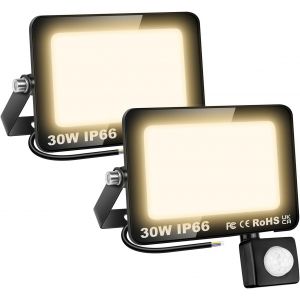 Dgbcz-2pcs Projecteur Led Avec Détecteur 30w, Spot Led Avec Détecteur De Mouvement Pir, 3000lm Ip66 Etanche Eclairage De Sécurité Pour Jardins Garages Cours Parc, 3000k Blanc Chaud - Neuf