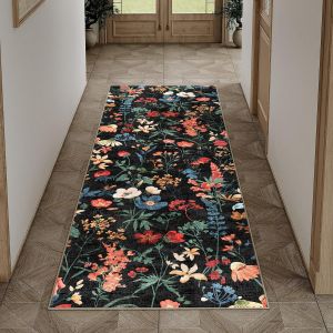Tianyi-Noir Tapis De Couloir 60x180cm Floral Passage Lavable En Machine Antidérapant Boheme Naturel Fleur Long Carpet Descente De Lit Cuisine Doux Poil Ras Rug - Neuf