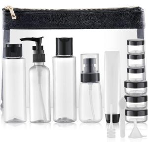 KALANKA-15 Pièces Flacons Vide Kit Voyage Avion (Max.100ml) Contenant Plastique Bouteille dans Recipient, Cuir Organisateur Set de Toilette - pour Cosmetique (Transparent) - Neuf