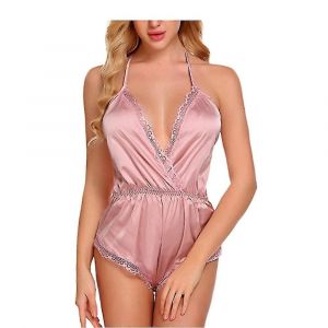 Femmes Lingerie Body V Col Teddy Dentelle Babydoll Satin Pyjama Vêtements De Nuit(Rose,L) - Neuf