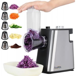 NouvelHorizonstore-Coupe L&eacute;gumes &Eacute;lectrique Rape &agrave; Fromage Acier Inox 250W Trancheuse de L&eacute;gumes Professionnel Rapeuse Carotte Multifonctions Spiraliseur de Cuisine avec 5 Lames 220V Fiche UE - Neuf