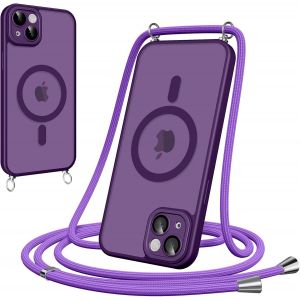 Maa-Coque Magnétique Pour Iphone 14 Avec Cordon, [Compatible Avec Magsafe] Etui Translucide Mat Arrière Anti-Jaunissement Antichoc Réglable Téléphone Portable Lanyard Case Protection, Violet - Neuf
