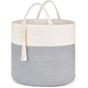 Grand panier à linge en osier tissé - Panier de rangement décoratif en corde naturelle - Décoration de perles en bois pour couvertures, jouets, vêtements, chaussures, plantes - Panier de - Neuf