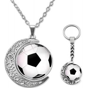 Kal-Football Chaine Argent Homme Set, 2 Pi&egrave;ces Argent Lune Double C&ocirc;t&eacute; Rotation Porte-Cl&eacute;s Et Collier Pour Hommes Gar&ccedil;ons Adolescents - Neuf