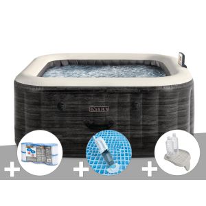 Kit spa gonflable Intex PureSpa Ardoise carr&eacute; Bulles 4 places + 6 filtres + Aspirateur + Porte-verre - Neuf