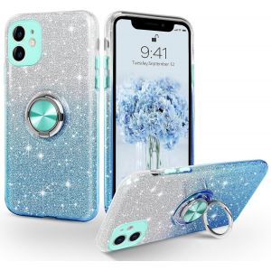 Kal-Coque Iphone 12 Avec Anneau Rotatif 360° Support De Voiture Magnétiqu, Paillettes Scintillantes Brillantes Etui Protection À Anti-Rayure Antichoc Housse Pour Iphone 12 6.1'', Dégradé Bleu - Neuf