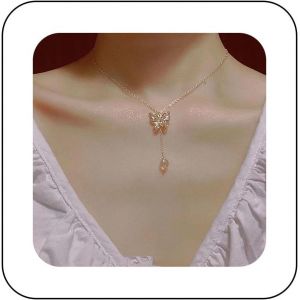 Kal-Collier Ras Du Cou Papillon En Cristal De Bohème Collier Lariat En Perle Argentée Collier Pendentif Papillon Creux Collier Collier Papillon Minimaliste Bijoux Pour Femmes Cadeaux - Neuf