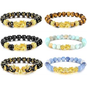 Kal-6 Pcs Feng Shui Pixiu Bonne Chance Bracelets Pour Hommes Femmes Pierre Naturelle Oeil De Tigre Perle Bracelet Pi Yao Dragon Chinois Charme R&eacute;glable Noir Obsidienne Richesse Bracelet Ensemble - Neuf