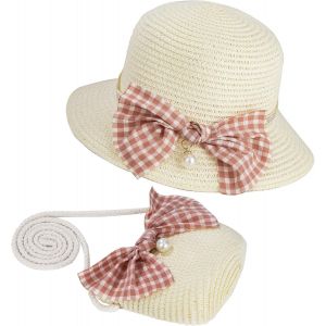 Chapeaux De Paille Filles Et Petit Sac Ensemble Avec Décoration Bowknot Chapeau De Soleil D'été Enfant Pour Plage Voyage Randonée.[Z1059] - Neuf