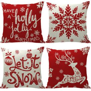 Ensemble De 4 No&euml;l Elk Bonhomme De Neige Taies D'oreiller Housse De Coussin D&eacute;cor &Agrave; La Maison 45x45 Cm (A) - Neuf