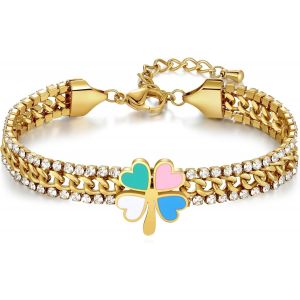Kalsw-Bracelet Femme Bijoux Cadeaux,Bracelet Pendentif Trèfle À Quatre Feuilles,Acier Inoxydable Plaqué Or 18 Carats Bracelet - Neuf
