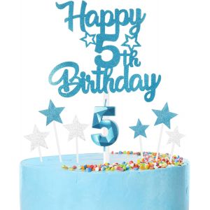Sjzg-Ensemble De D&eacute;corations De G&acirc;teau D'anniversaire Pour 5e Anniversaire U2013 Bougie Bleue En Forme De Chiffre 5 Pour G&acirc;teau D'anniversaire Pour Filles Et Gar&ccedil;ons U2013 &Eacute;to - Neuf